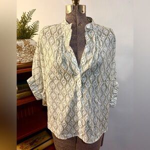 NEW EF India Blouse Olive Short Sleeve Mandarin Collar Top One Size Cotton